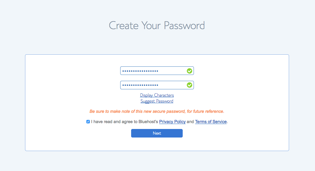 Start A Blog BLueHost Password Step 2